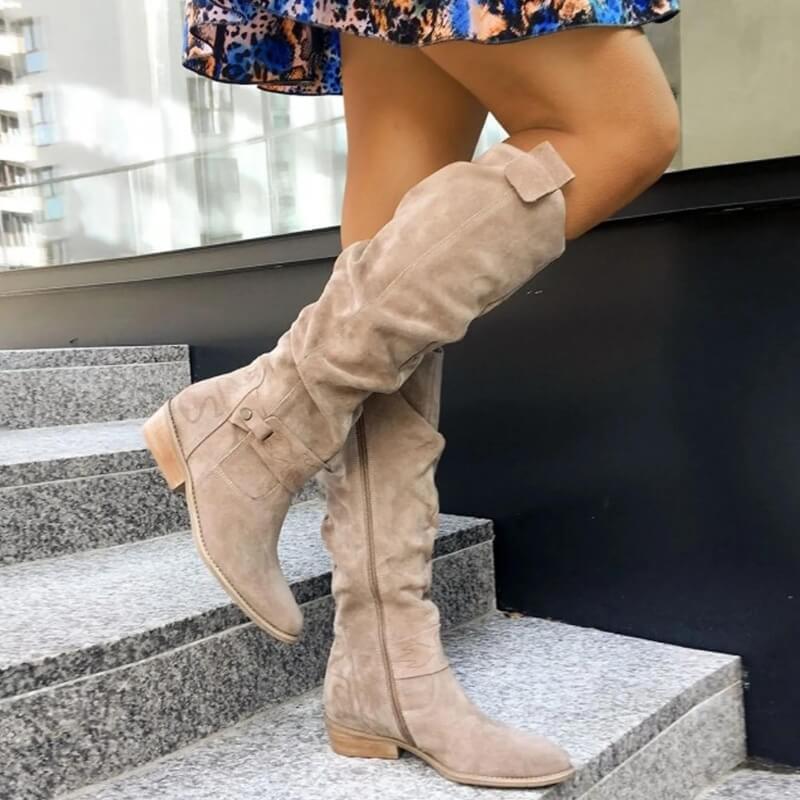 Suede Knee High Boots Slouchy Side Buckle Block Heel Winter