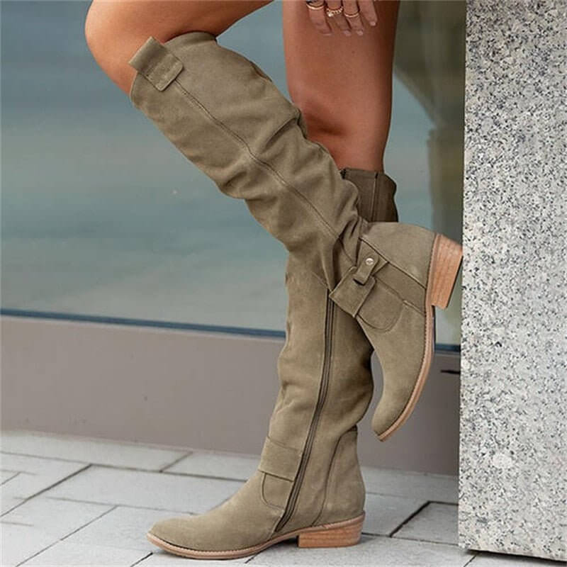 Suede Knee High Boots Slouchy Side Buckle Block Heel Winter