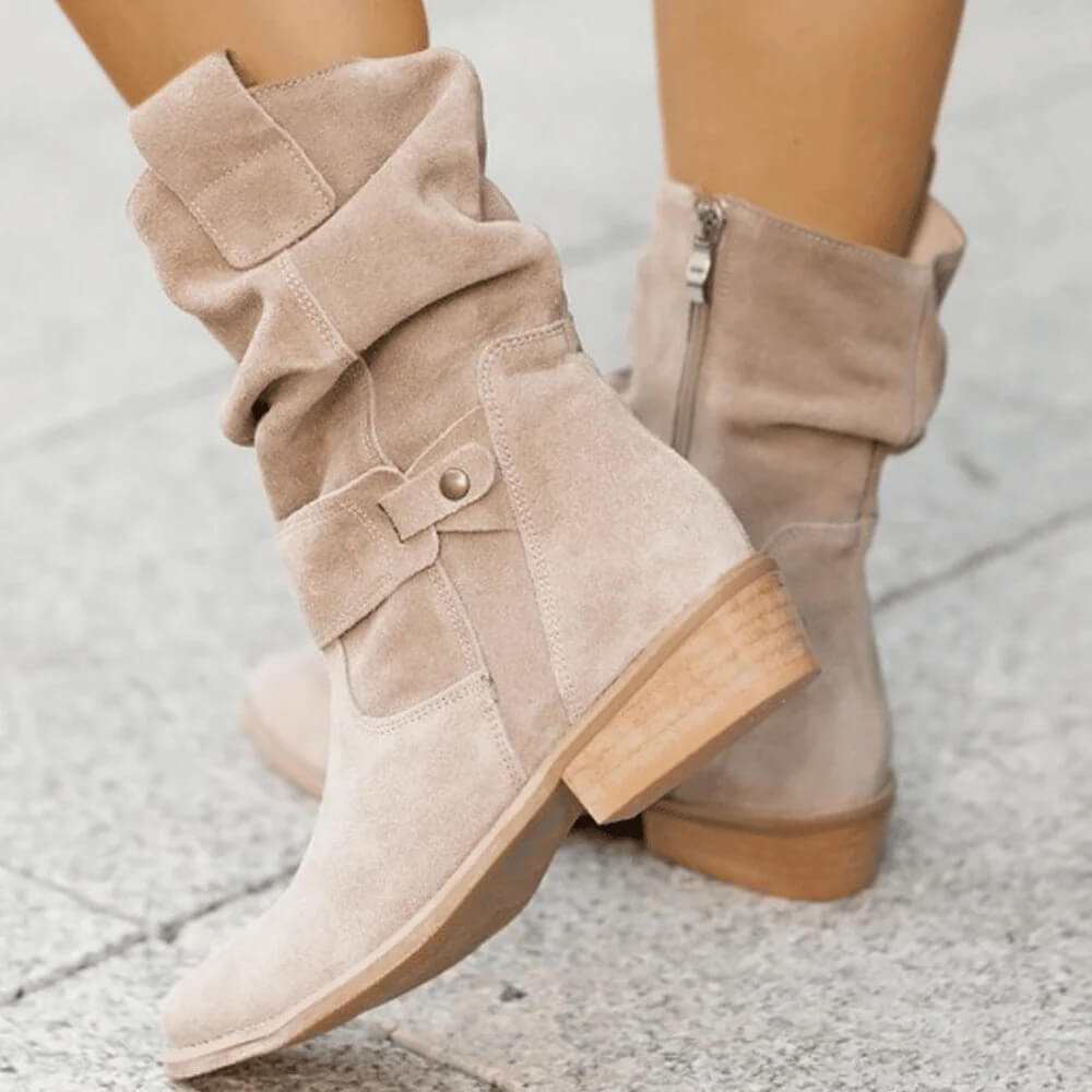 Suede Ankle Boots Slouchy Wooden Heel Round Toe Autumn