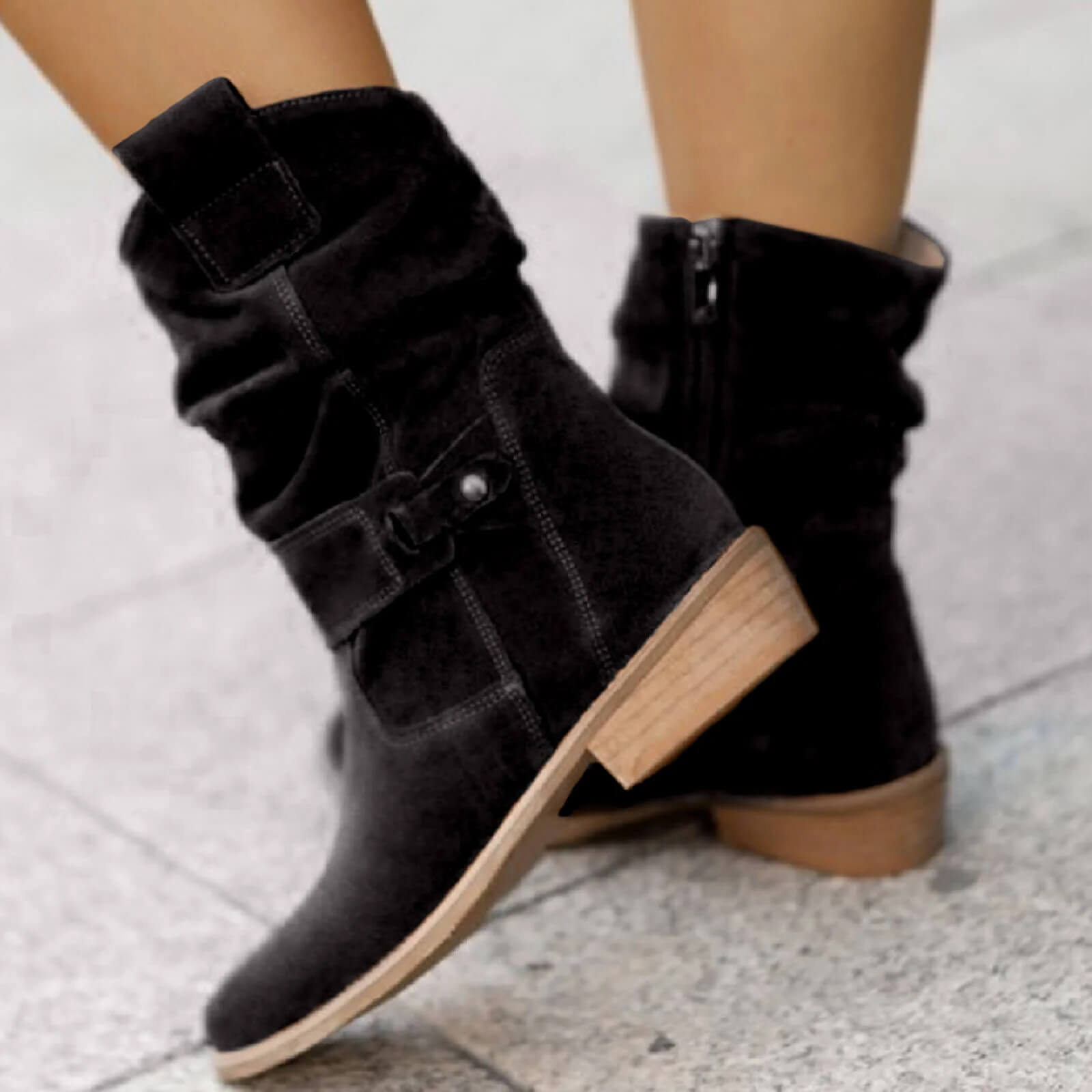 Suede Ankle Boots Slouchy Wooden Heel Round Toe Autumn