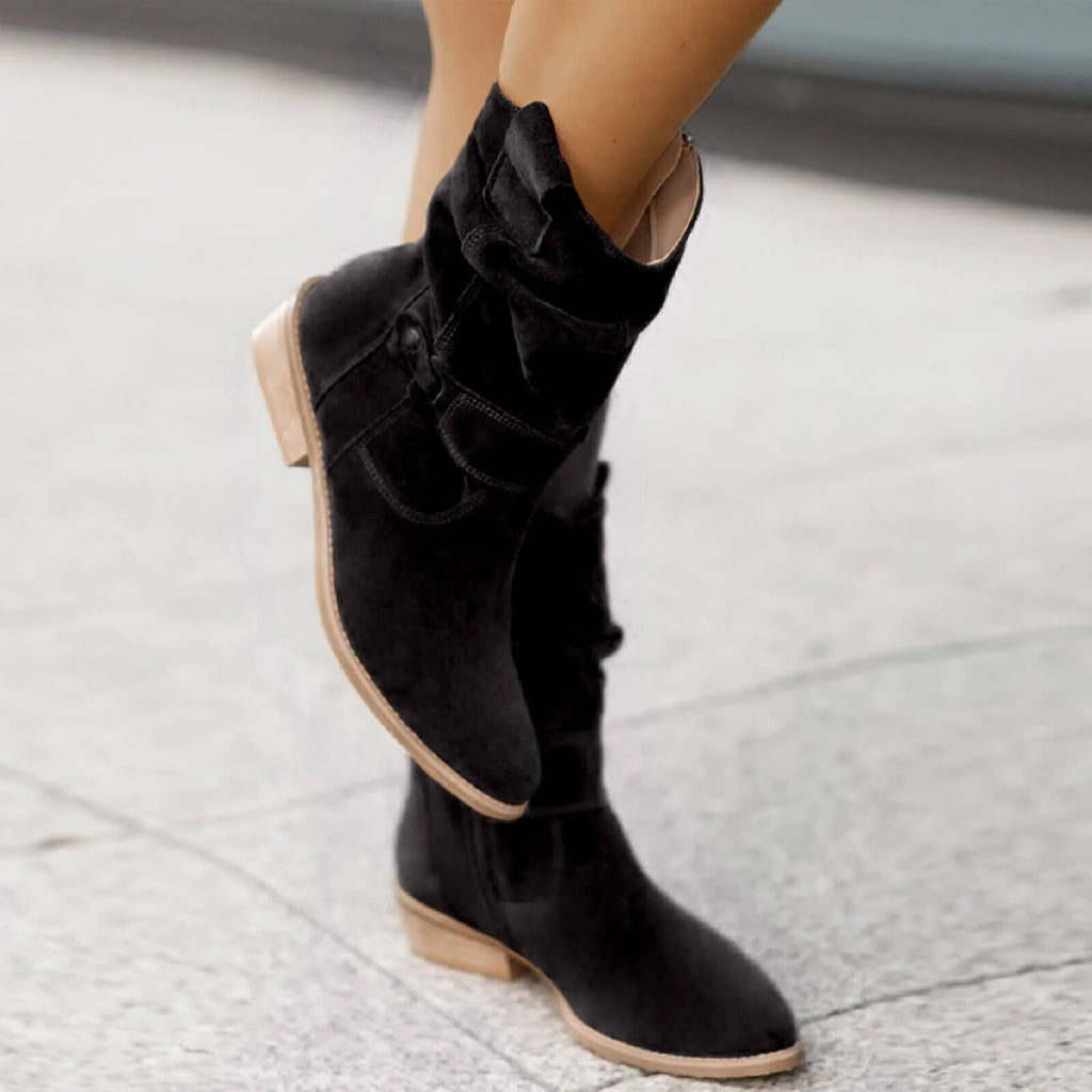 Suede Ankle Boots Slouchy Wooden Heel Round Toe Autumn