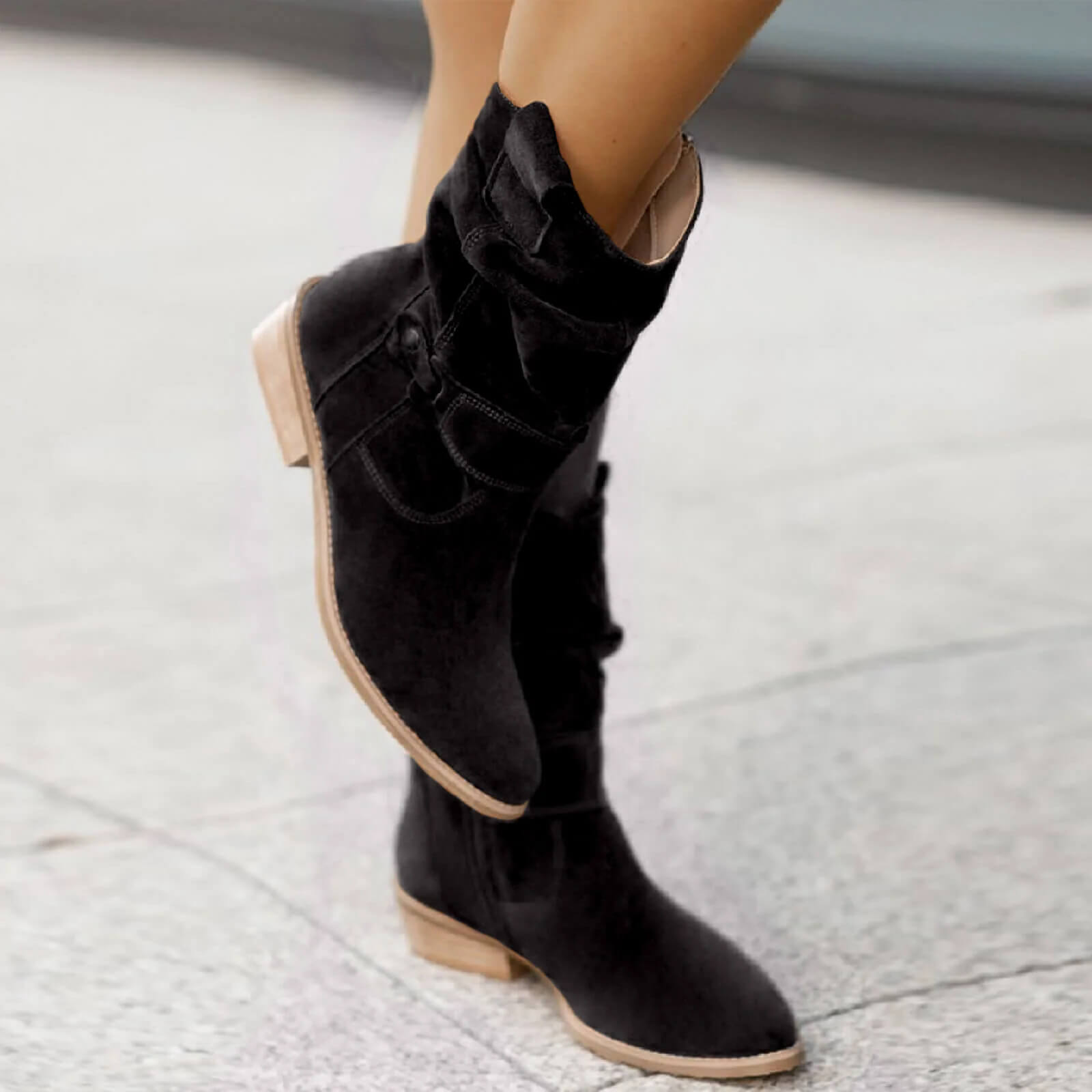 Suede Ankle Boots Slouchy Wooden Heel Round Toe Autumn