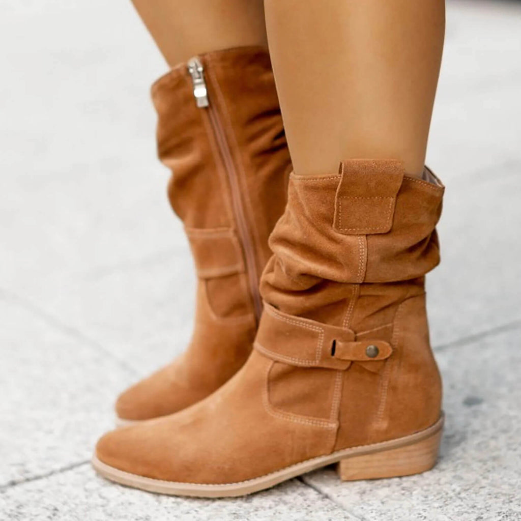 Suede Ankle Boots Slouchy Wooden Heel Round Toe Autumn