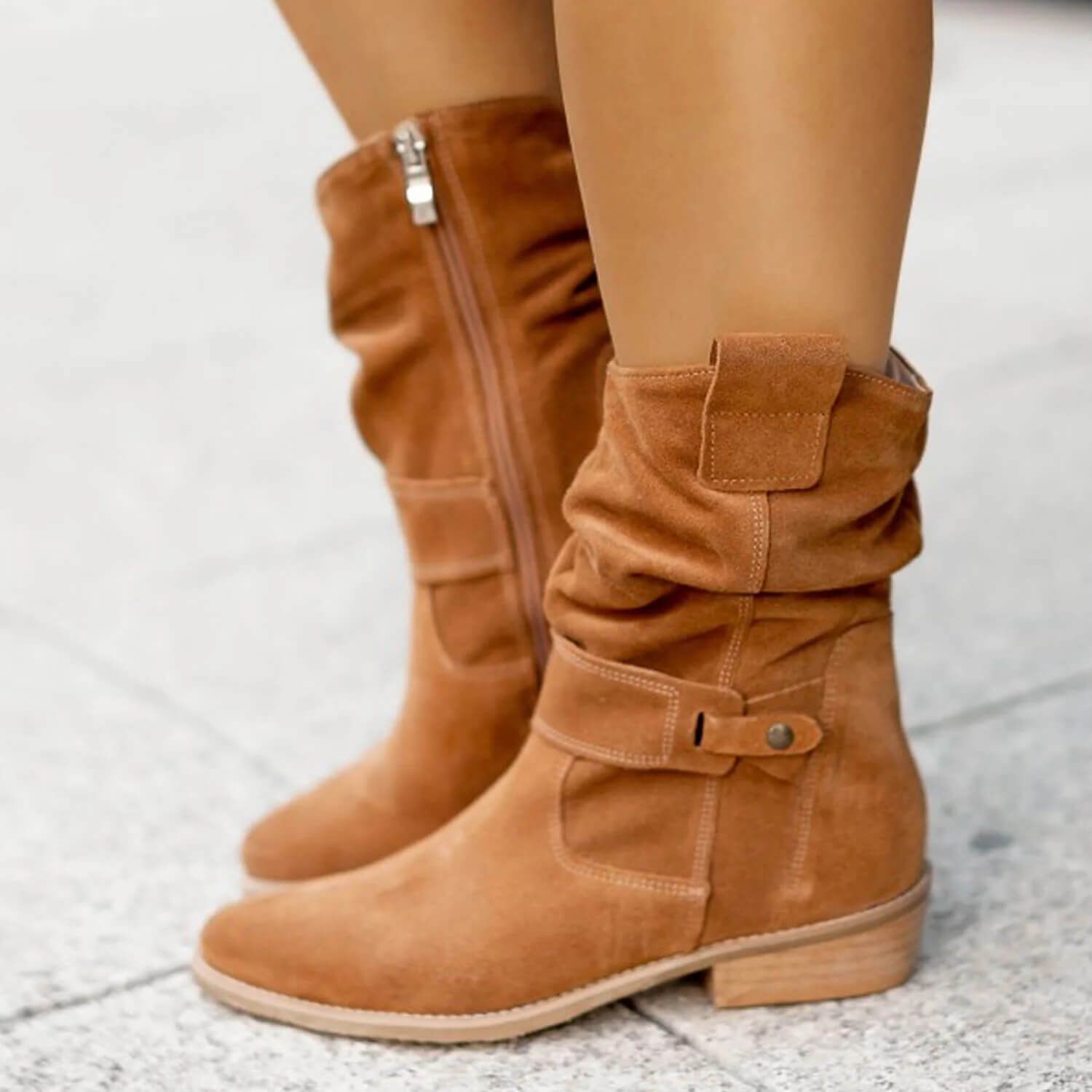 Suede Ankle Boots Slouchy Wooden Heel Round Toe Autumn