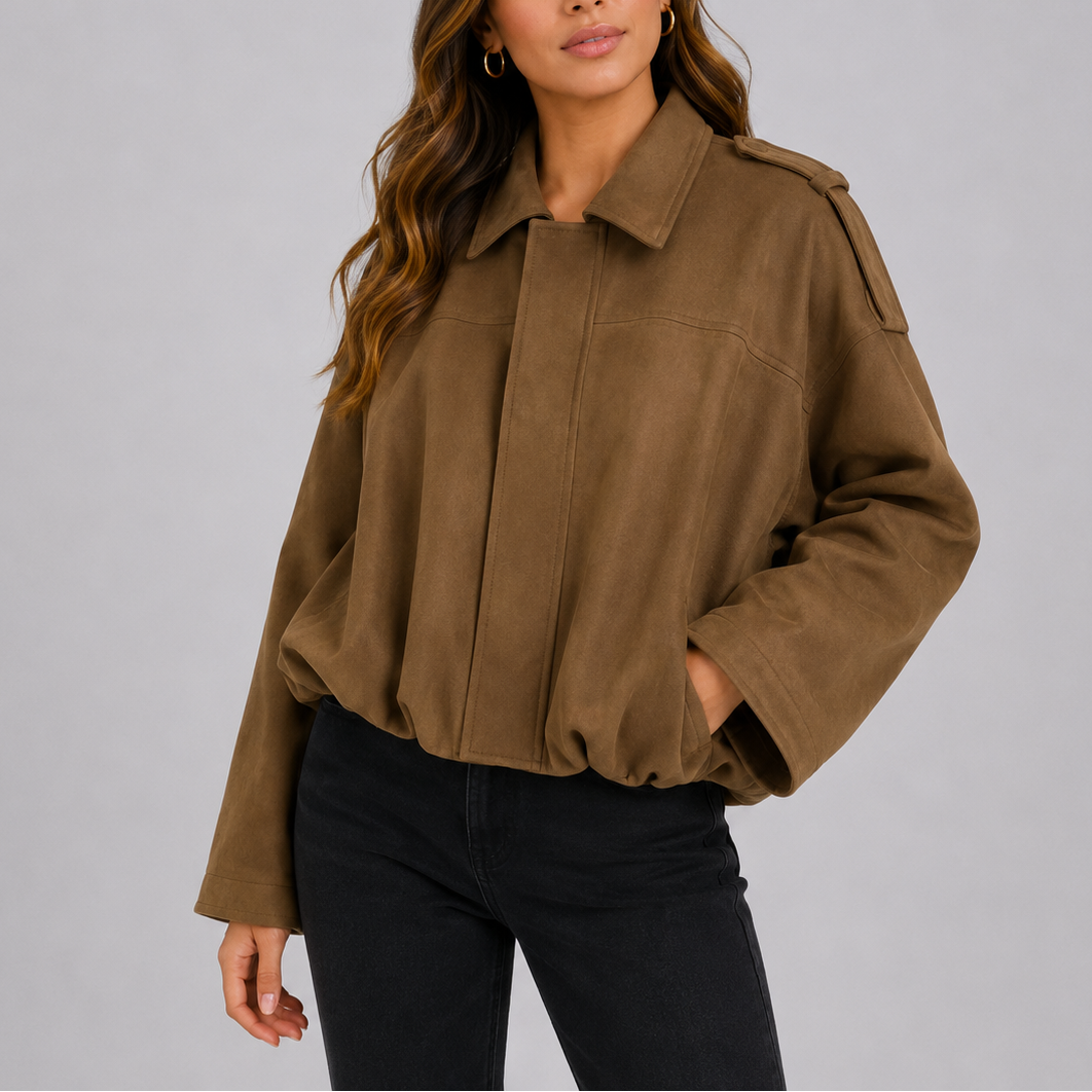 Women's Oversized Suede Bomber Jacket Relaxed Fit Collar