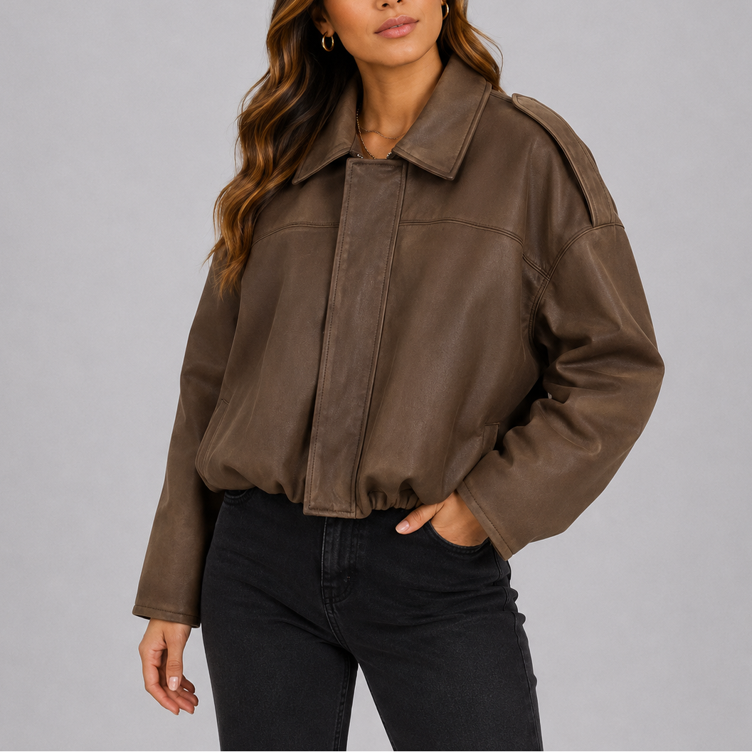 Women's Oversized Suede Bomber Jacket Relaxed Fit Collar