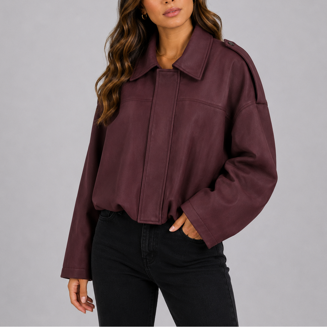 Women's Oversized Suede Bomber Jacket Relaxed Fit Collar