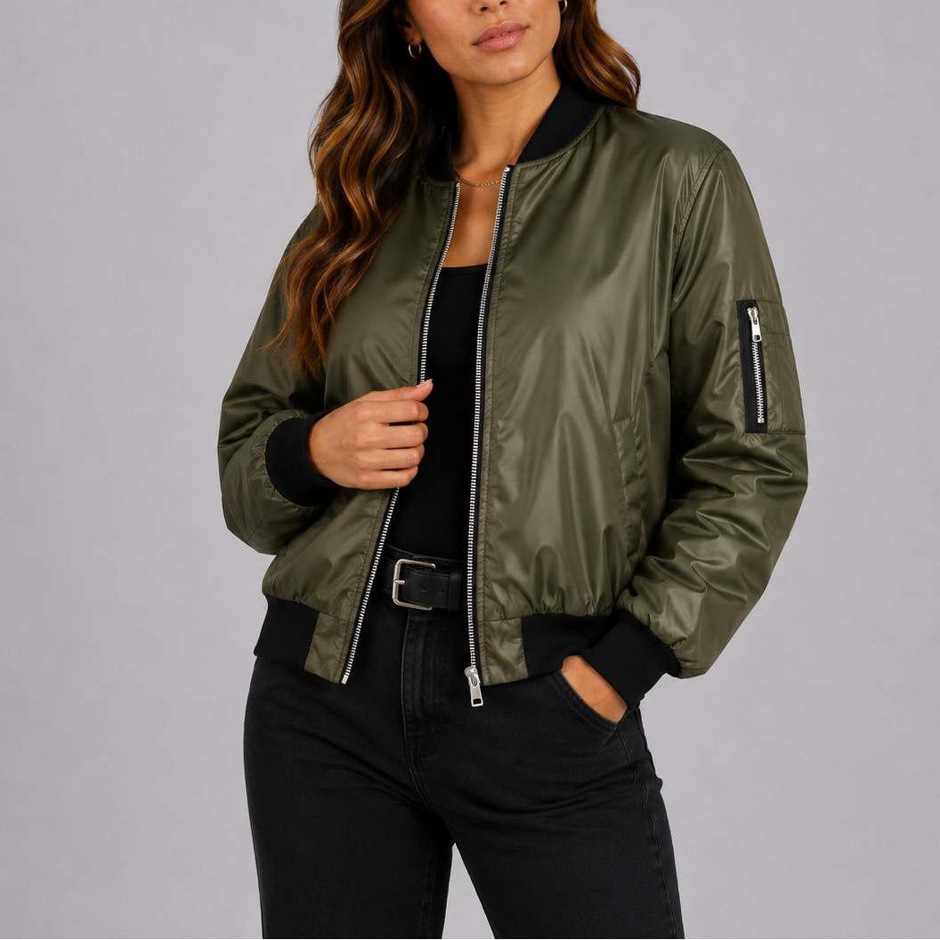 Women's Bomber Jacket Lightweight Ribbed Cuffs Zip Up Casual