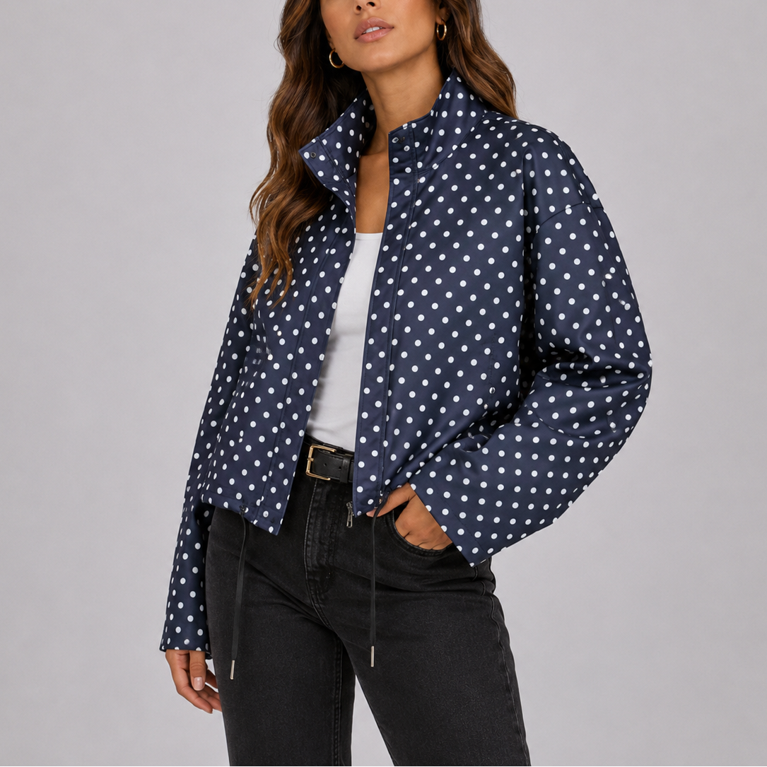 Women's Polka Dot Bomber Jacket Stand Collar Drawstring Hem