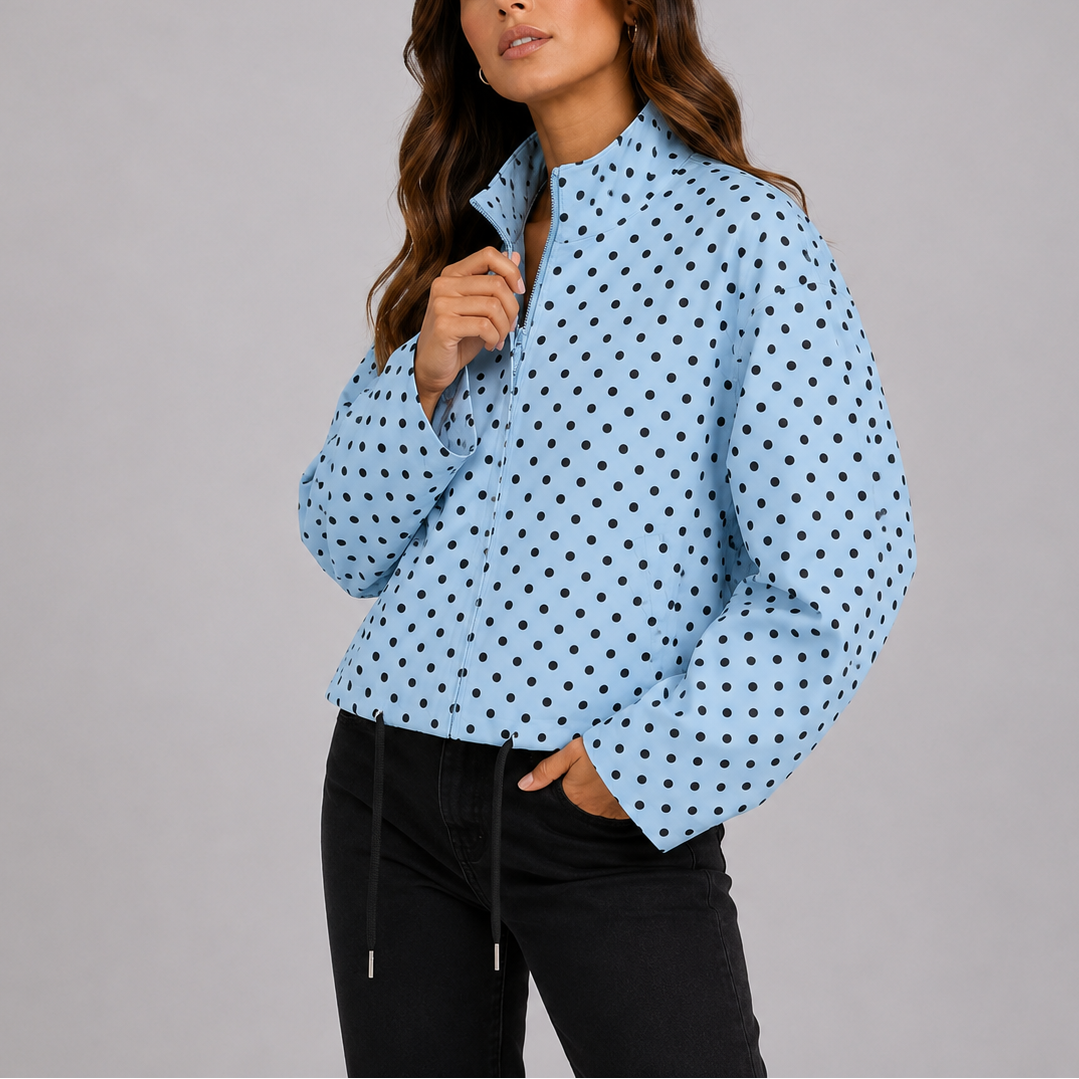 Women's Polka Dot Bomber Jacket Stand Collar Drawstring Hem