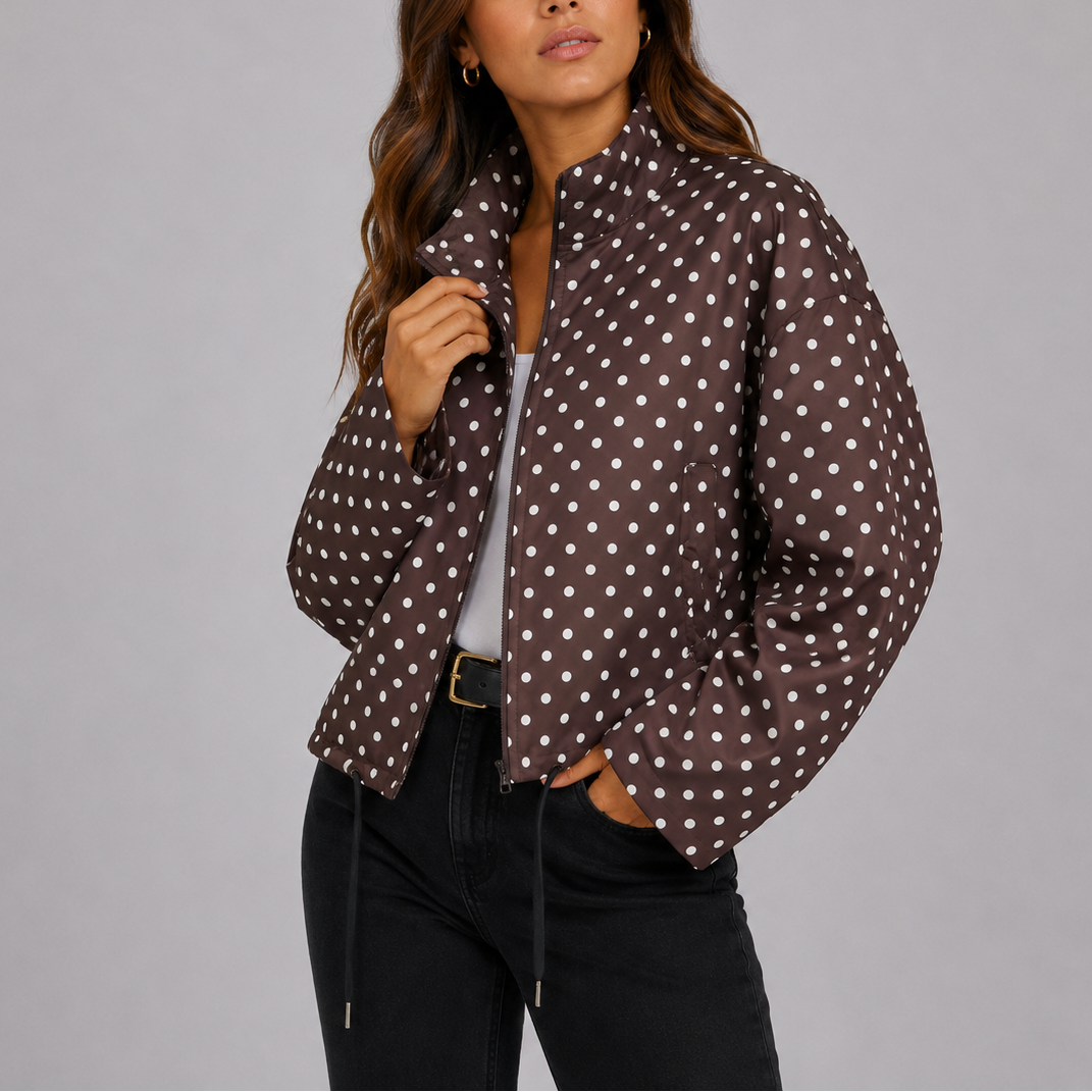 Women's Polka Dot Bomber Jacket Stand Collar Drawstring Hem