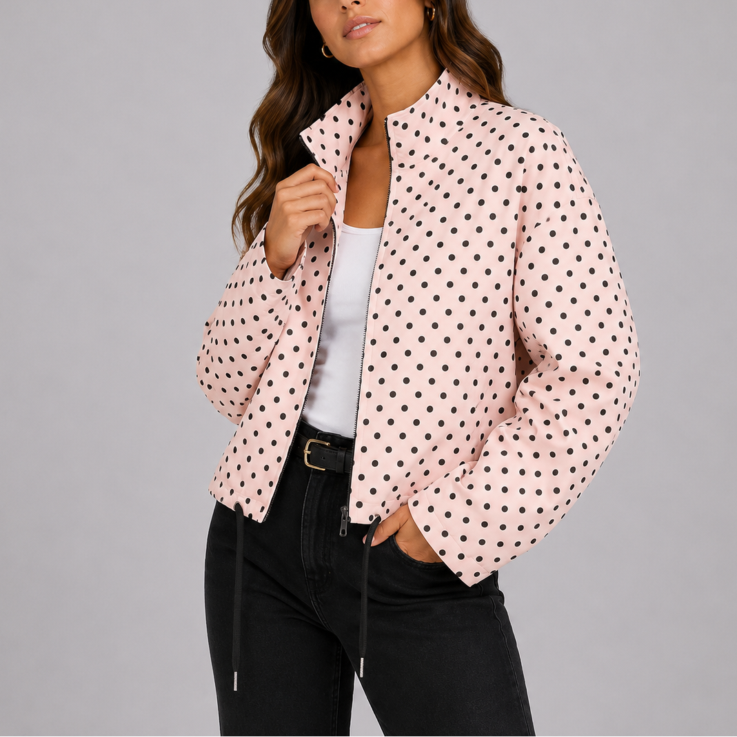 Women's Polka Dot Bomber Jacket Stand Collar Drawstring Hem