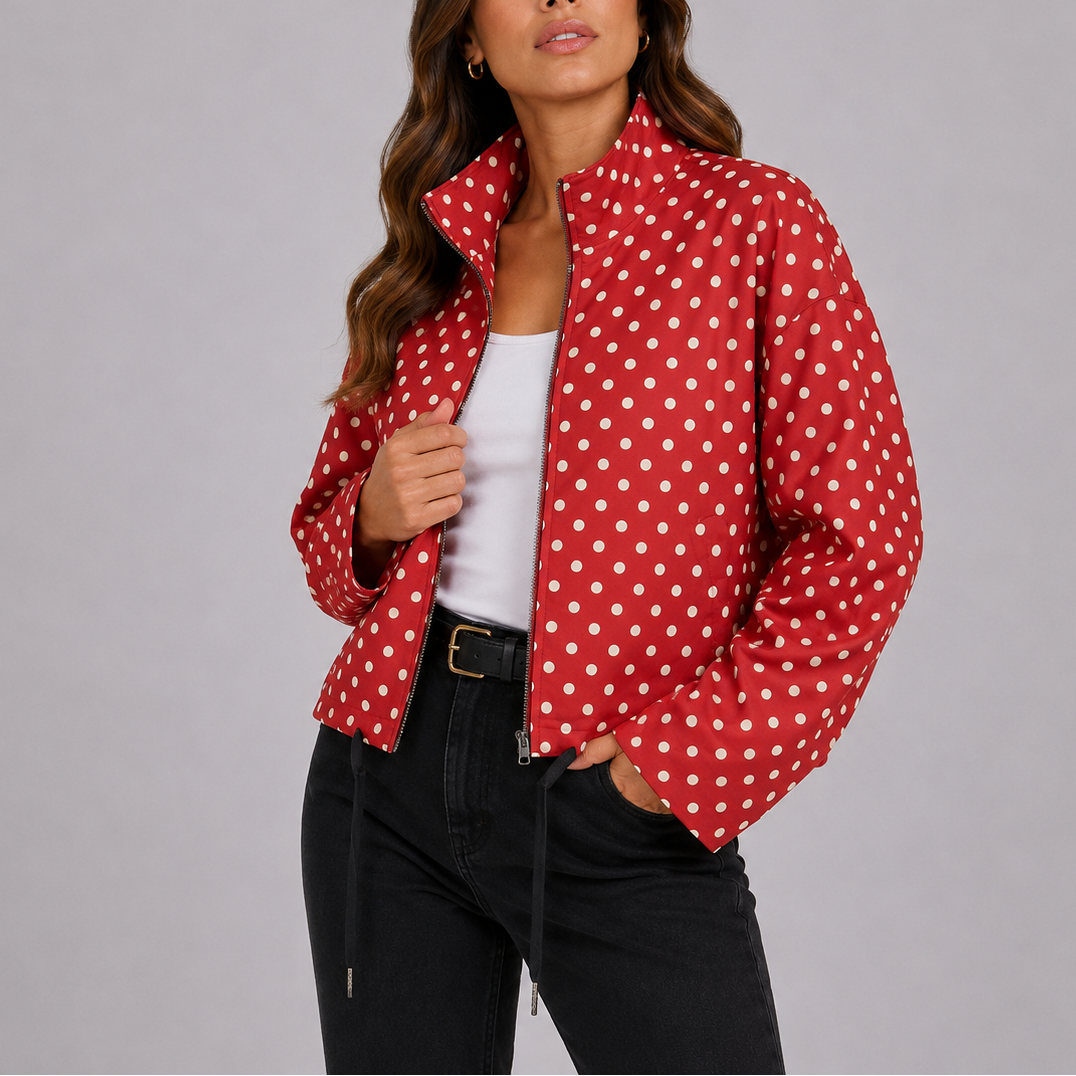Women's Polka Dot Bomber Jacket Stand Collar Drawstring Hem
