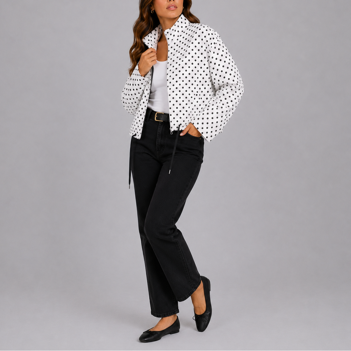 Women's Polka Dot Bomber Jacket Stand Collar Drawstring Hem