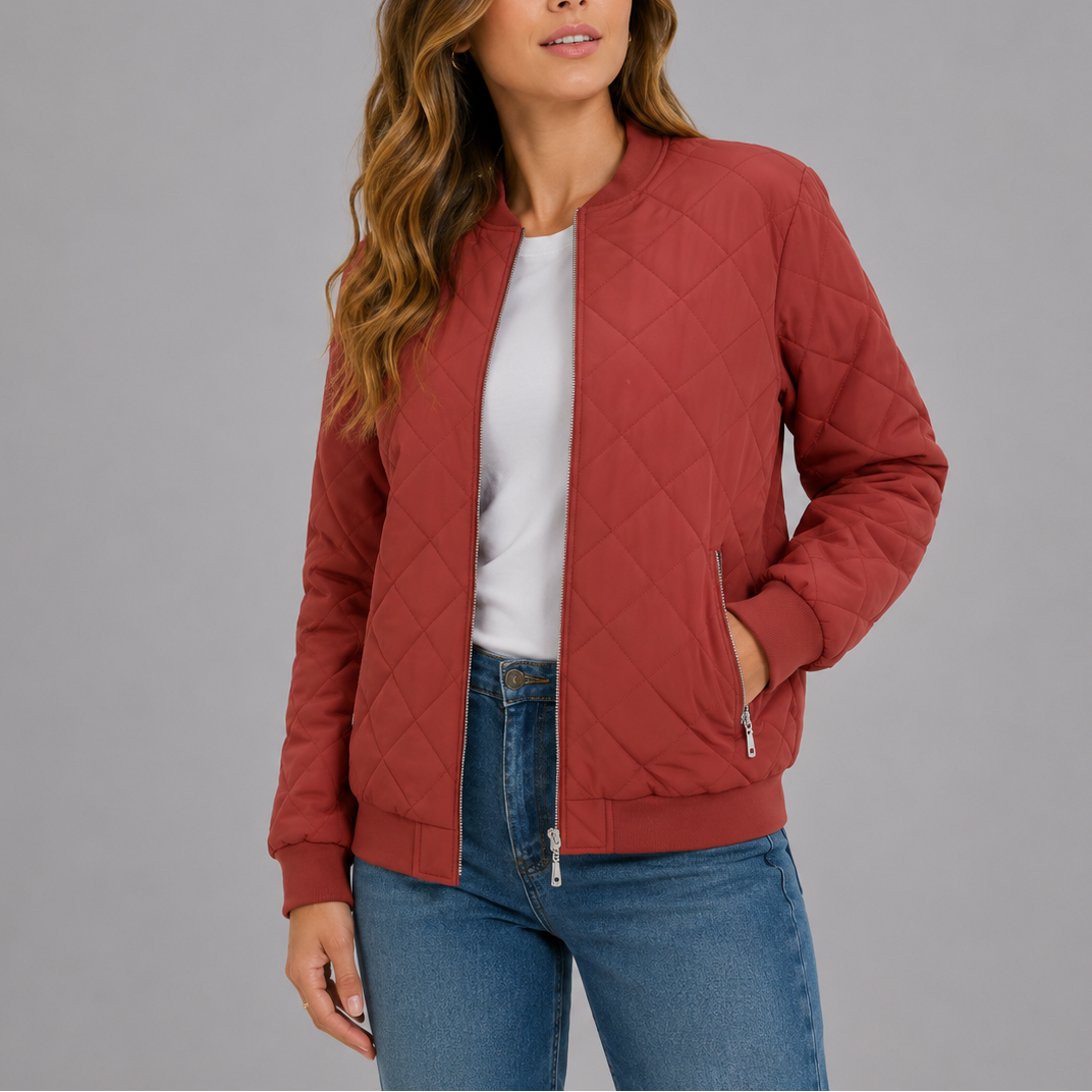 Women's Quilted Bomber Jacket Diamond Quilt Pockets Zip Up