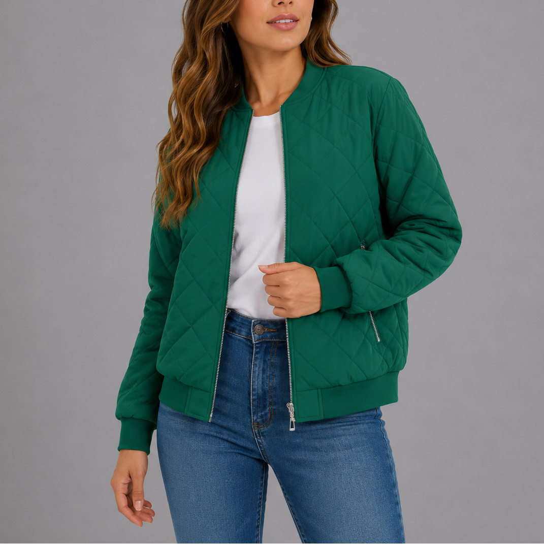 Women's Quilted Bomber Jacket Diamond Quilt Pockets Zip Up