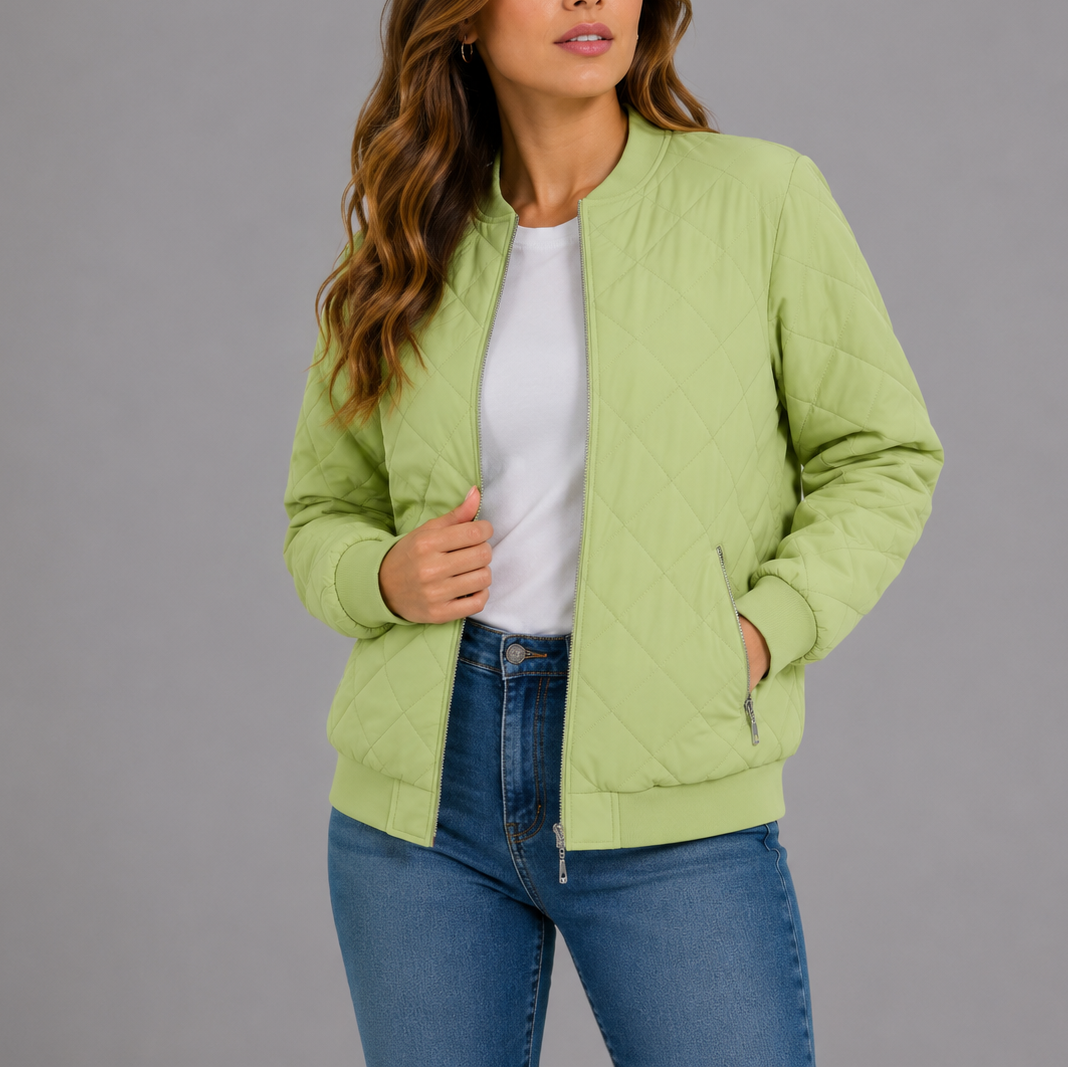 Women's Quilted Bomber Jacket Diamond Quilt Pockets Zip Up