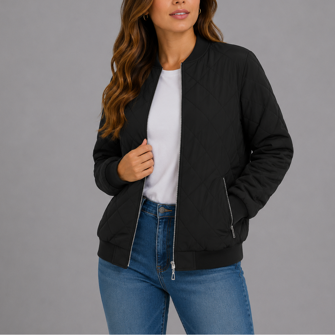 Women's Quilted Bomber Jacket Diamond Quilt Pockets Zip Up