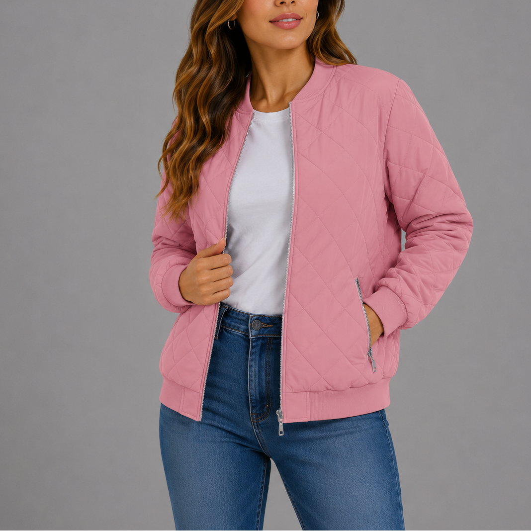 Women's Quilted Bomber Jacket Diamond Quilt Pockets Zip Up