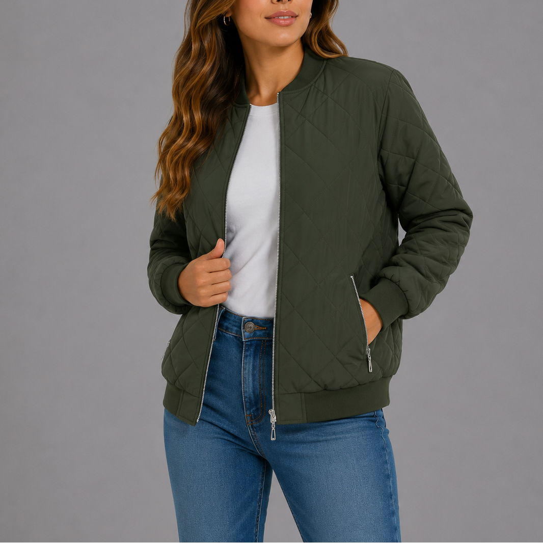 Women's Quilted Bomber Jacket Diamond Quilt Pockets Zip Up