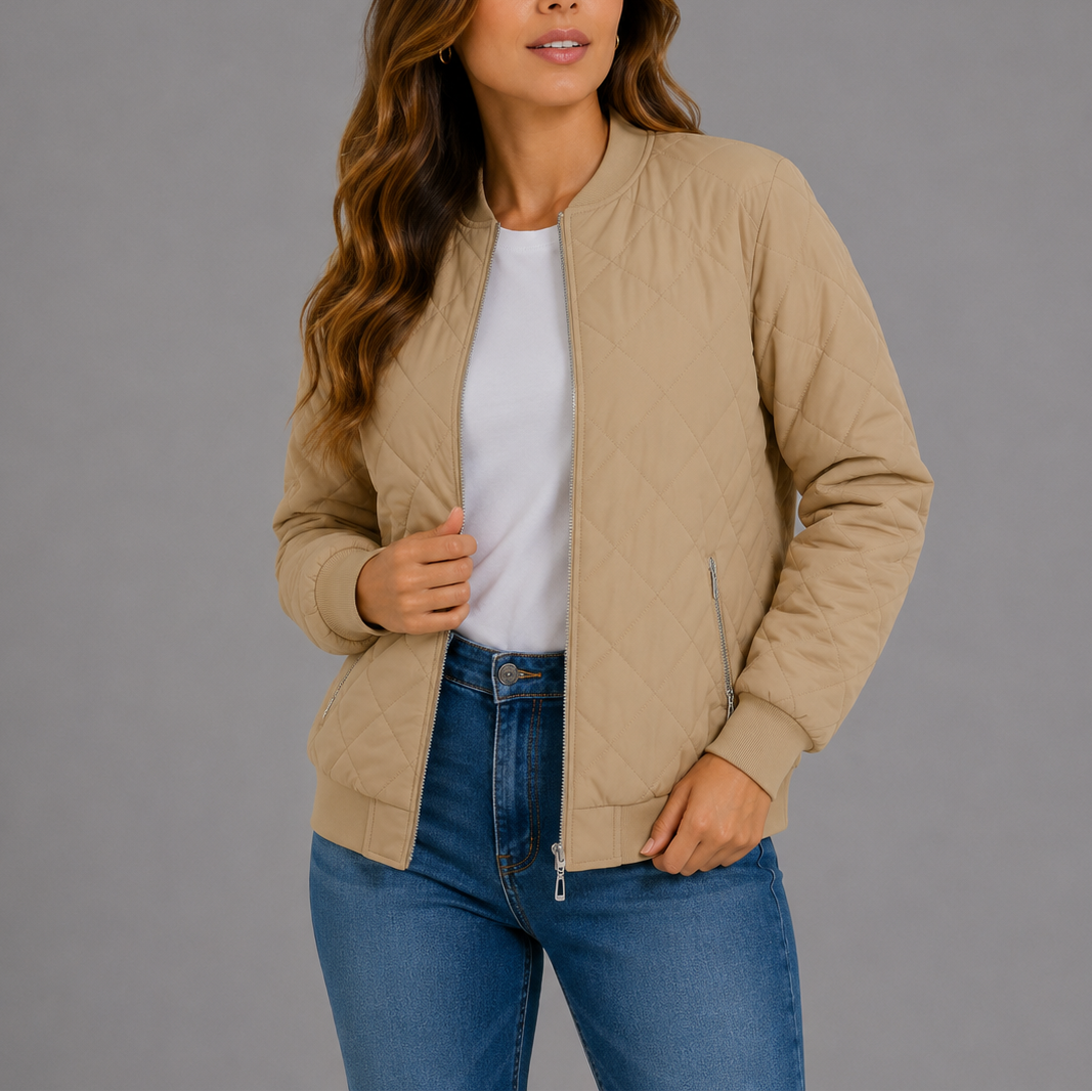 Women's Quilted Bomber Jacket Diamond Quilt Pockets Zip Up