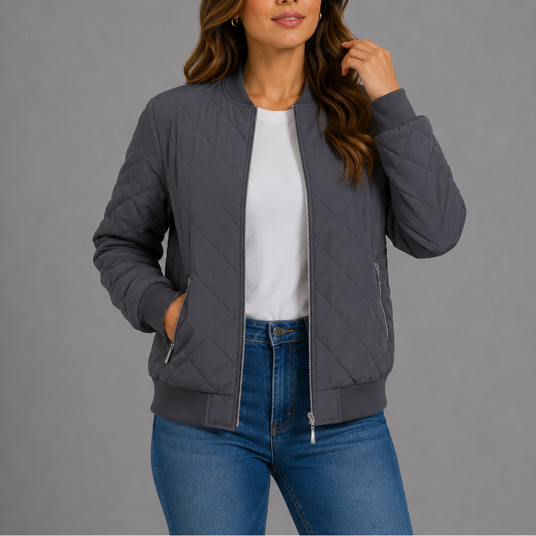 Women's Quilted Bomber Jacket Diamond Quilt Pockets Zip Up