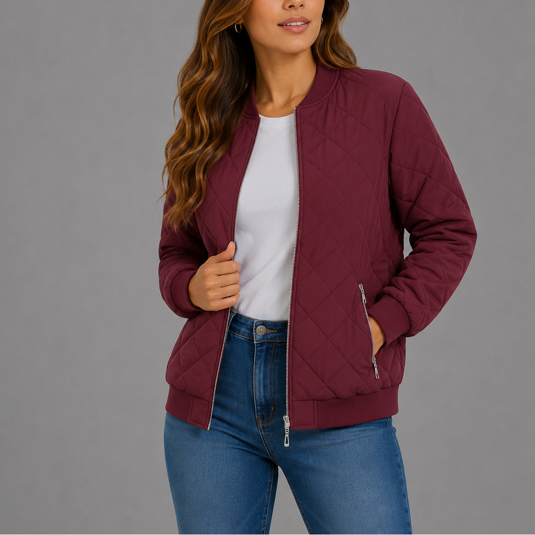 Women's Quilted Bomber Jacket Diamond Quilt Pockets Zip Up