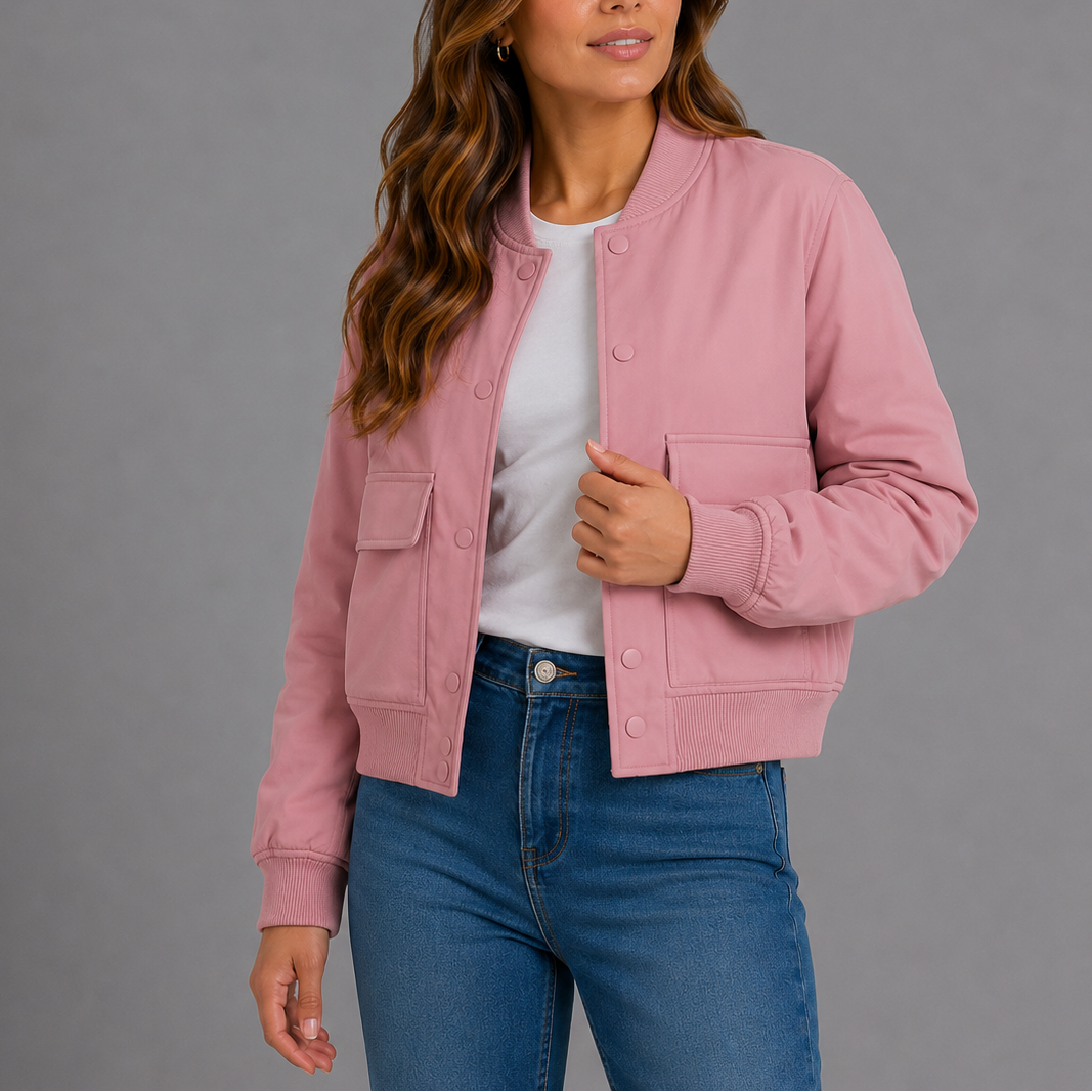 Women's Bomber Jacket Lightweight Casual Flap Pockets Ribbed