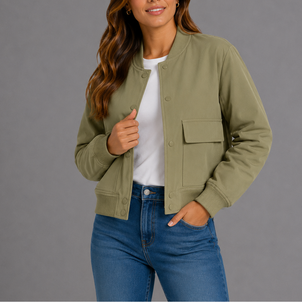 Women's Bomber Jacket Lightweight Casual Flap Pockets Ribbed