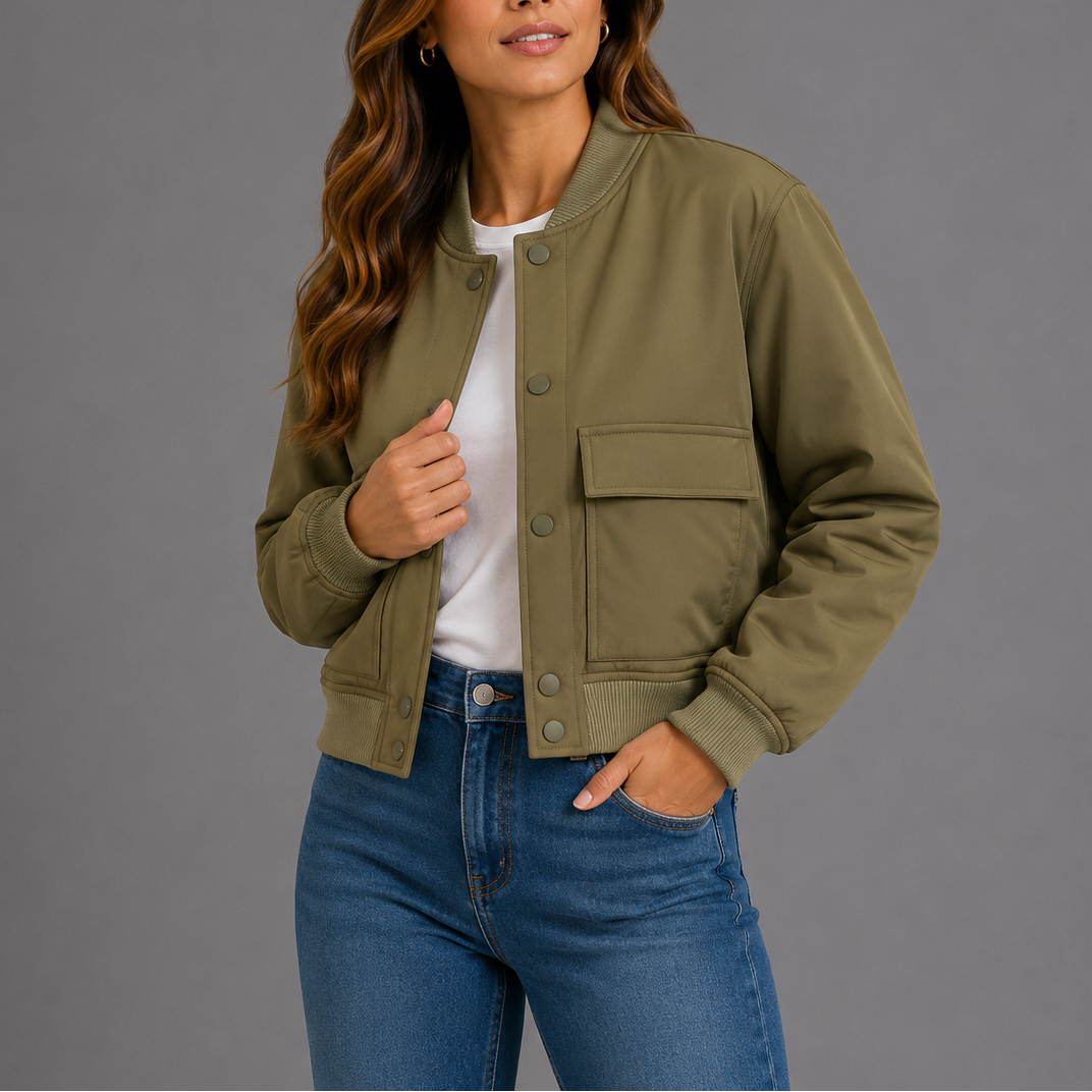 Women's Bomber Jacket Lightweight Casual Flap Pockets Ribbed