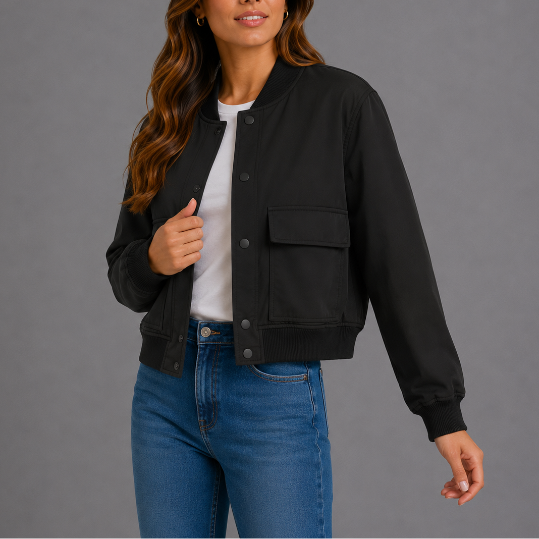 Women's Bomber Jacket Lightweight Casual Flap Pockets Ribbed