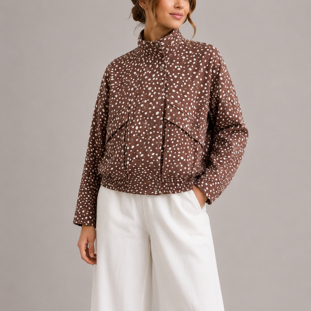 Women's Cropped Bomber Jacket Polka Dot High Neck Brown