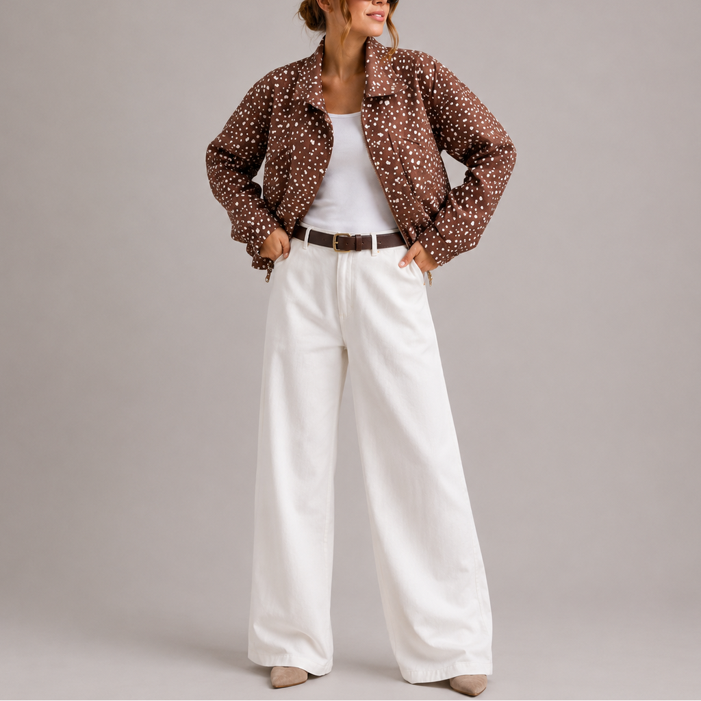 Women's Cropped Bomber Jacket Polka Dot High Neck Brown