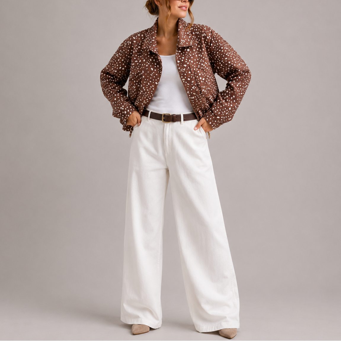 Women's Cropped Bomber Jacket Polka Dot High Neck Brown
