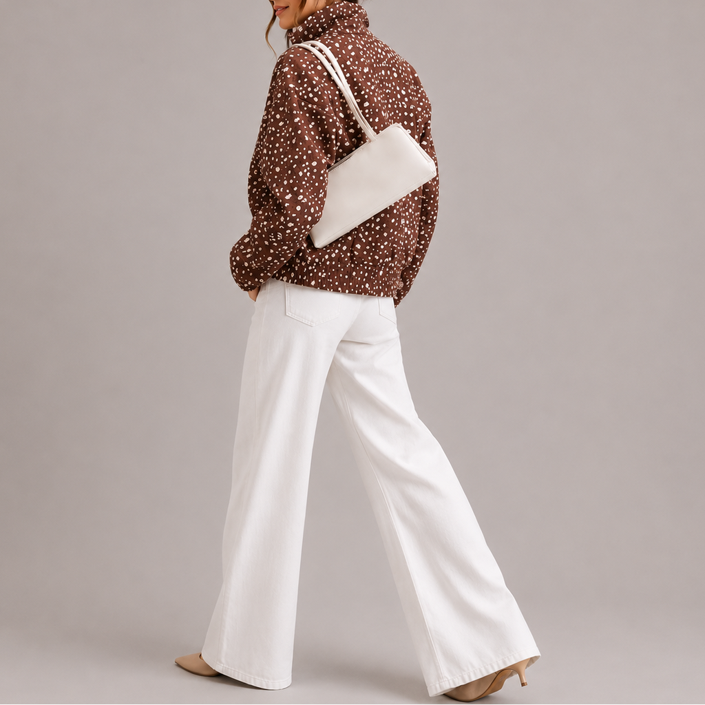 Women's Cropped Bomber Jacket Polka Dot High Neck Brown