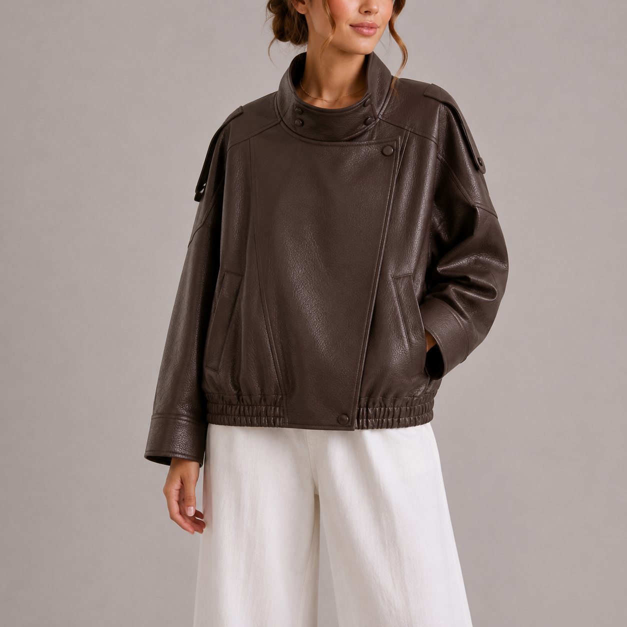 Women's Faux Leather Bomber Jacket High Collar Oversized