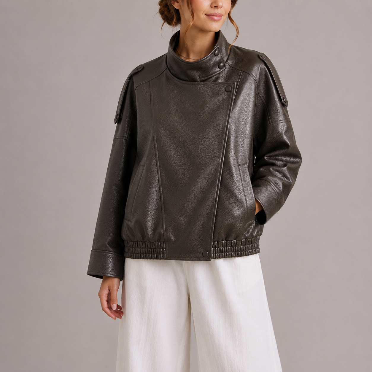 Women's Faux Leather Bomber Jacket High Collar Oversized
