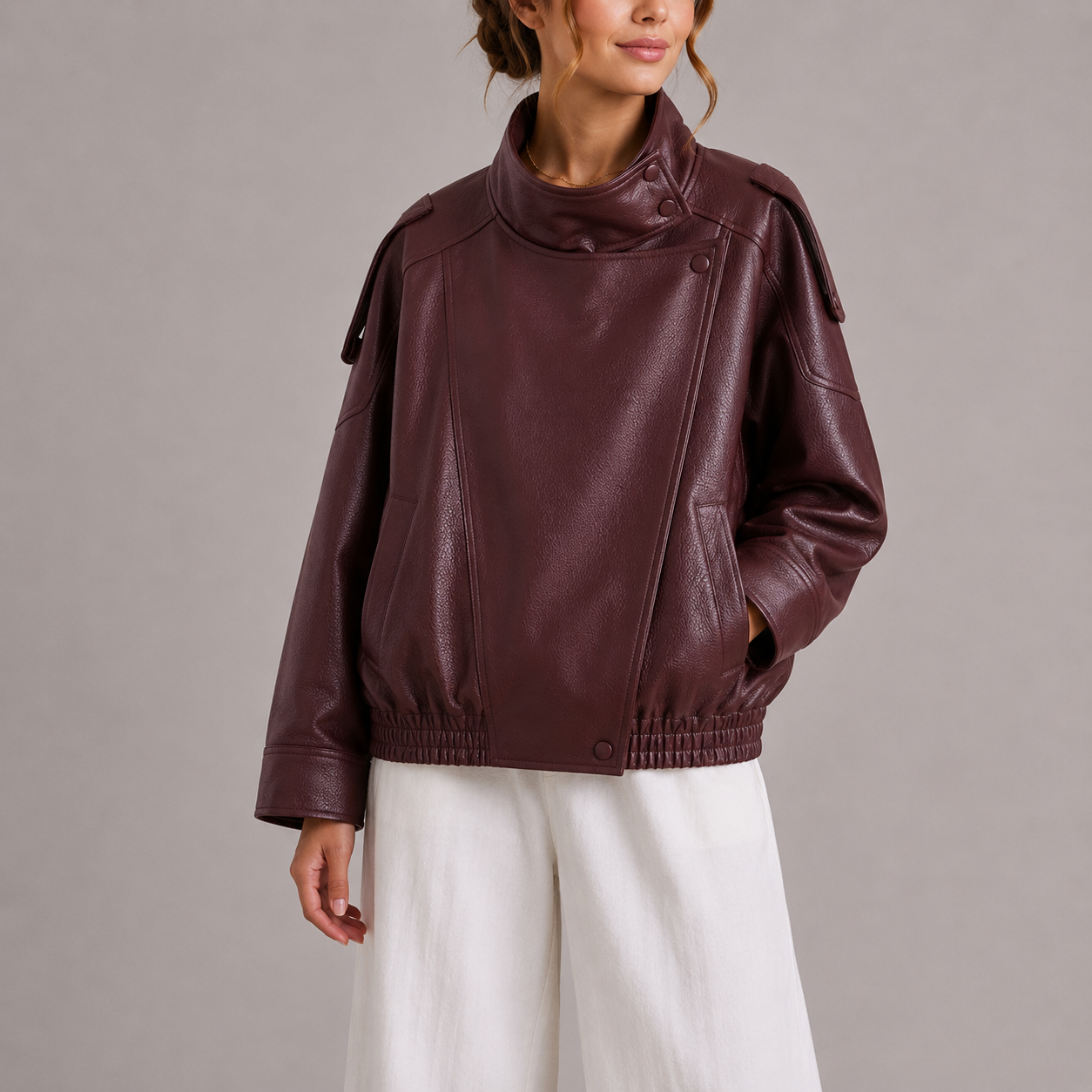 Women's Faux Leather Bomber Jacket High Collar Oversized