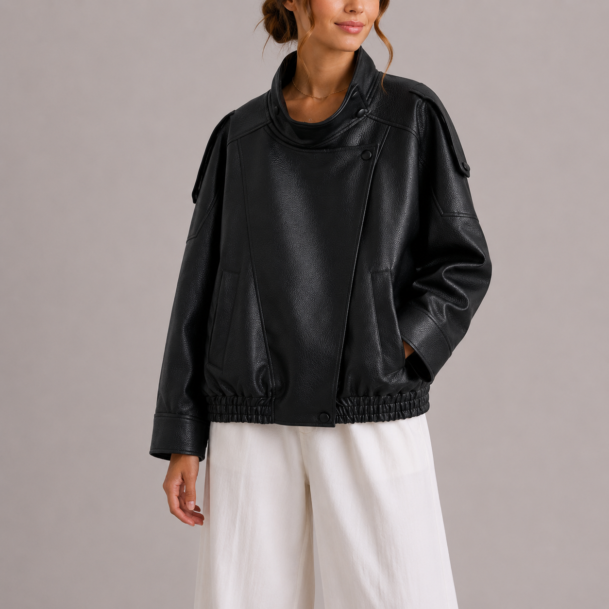 Women's Faux Leather Bomber Jacket High Collar Oversized