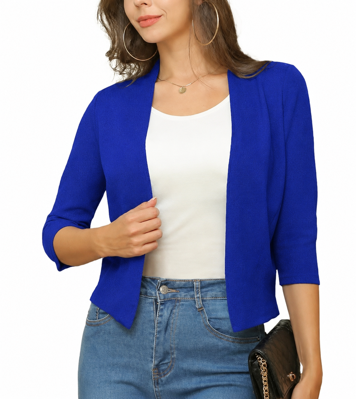 Open Front Cardigan Three Quarter Sleeve Draped Layering