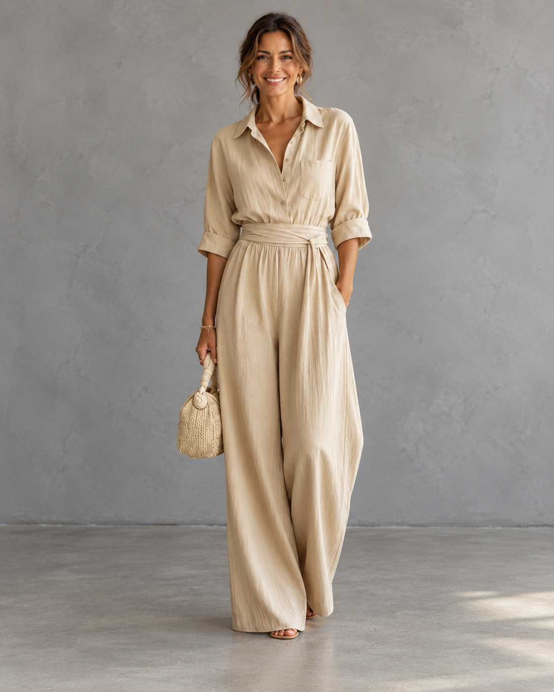 Bennett and Lowe Monroe women's wide-leg jumpsuit with collar, button-front design, made from lightweight fabric, shown on a model.