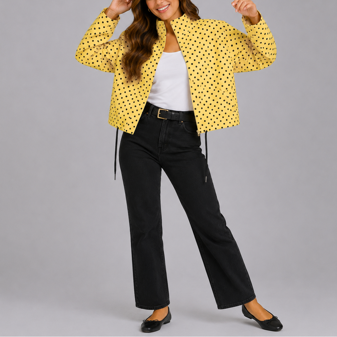 Women's Polka Dot Bomber Jacket Stand Collar Drawstring Hem