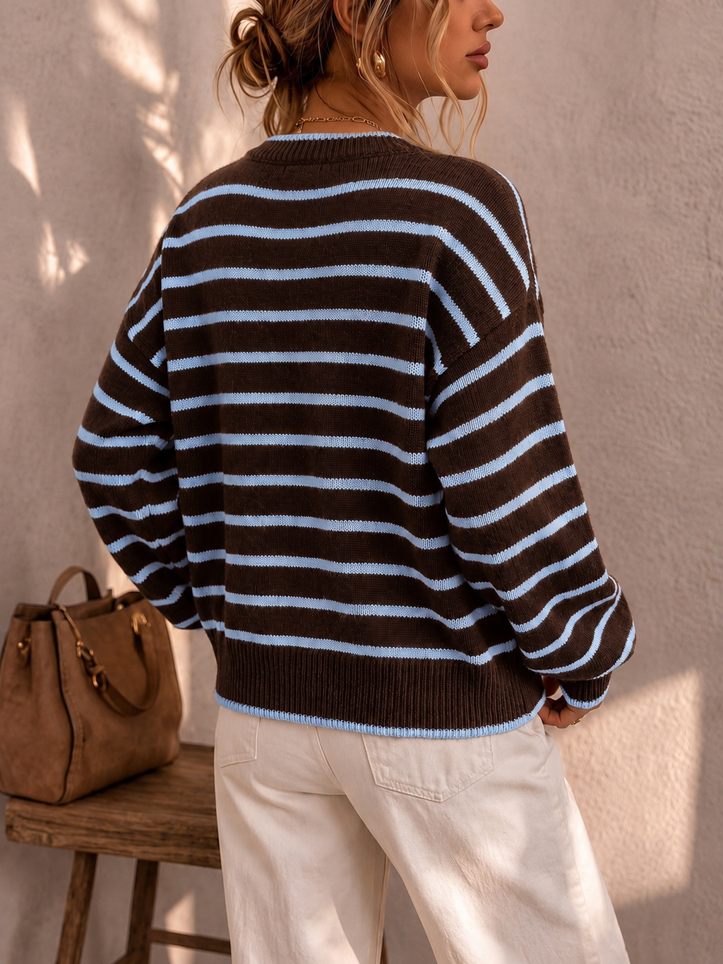 Bennett and Lowe Chelsea women's striped relaxed-fit knit cardigan with a cozy, casual style and multi-colored stripe pattern.