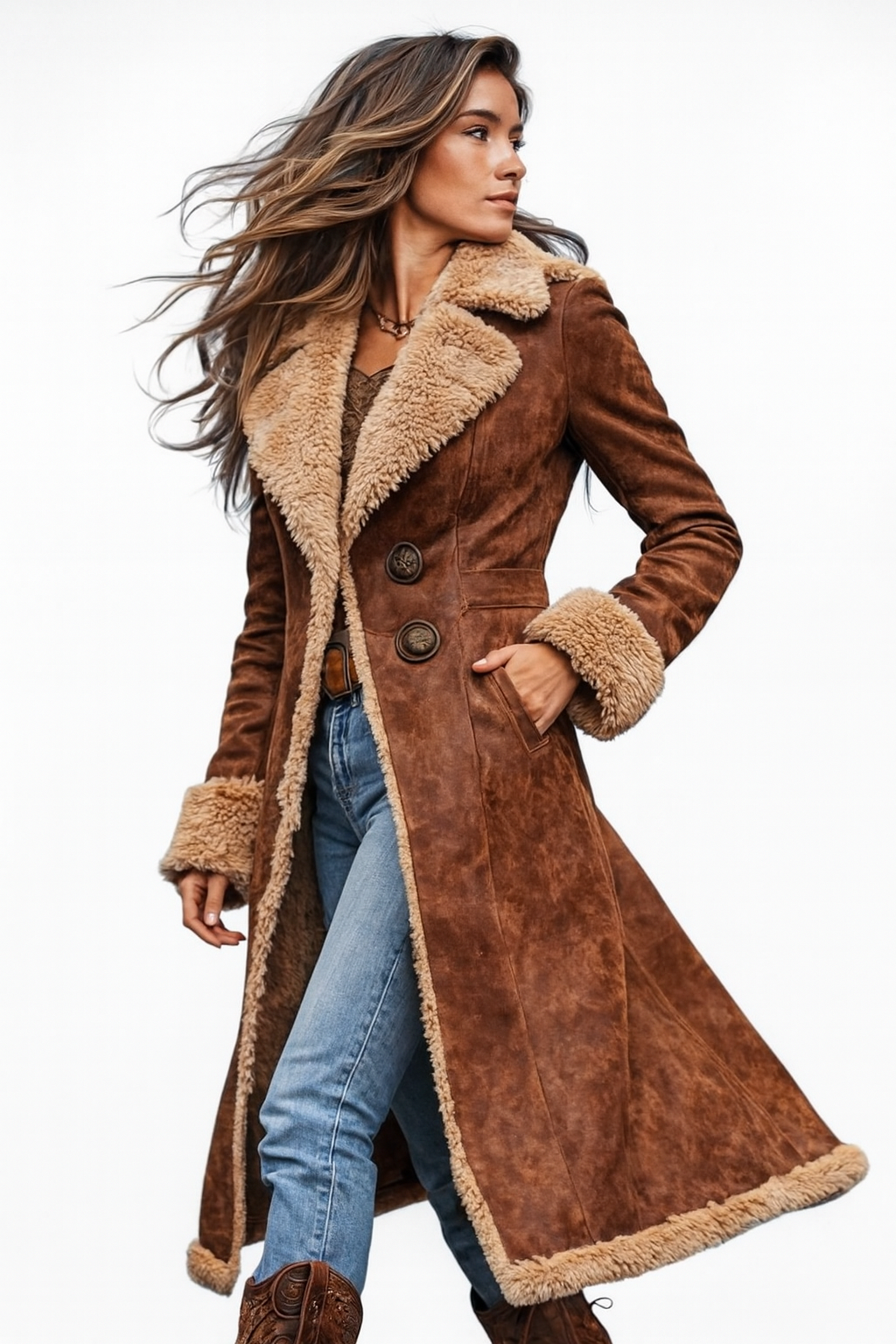 Retro Long Jacket Faux Fur Accents Vintage Style