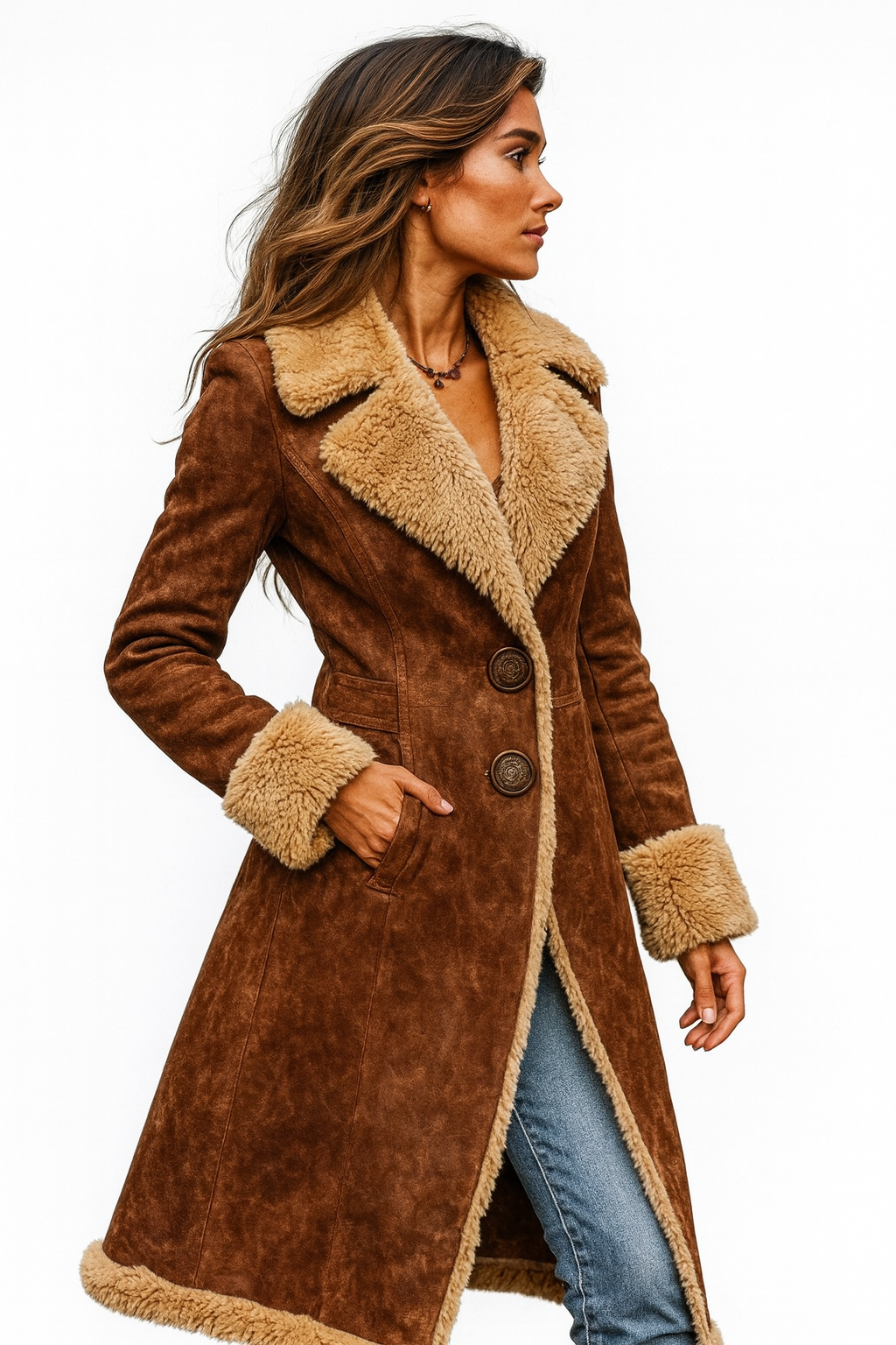 Retro Long Jacket Faux Fur Accents Vintage Style