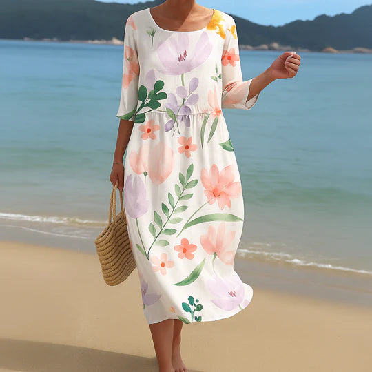 A Line Midi Dress Round Neck Summer