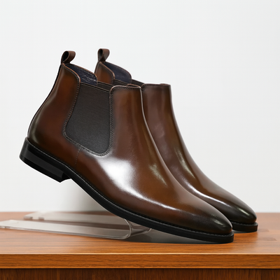 Leather Chelsea Boots Elastic Panel Low Heel Round Toe