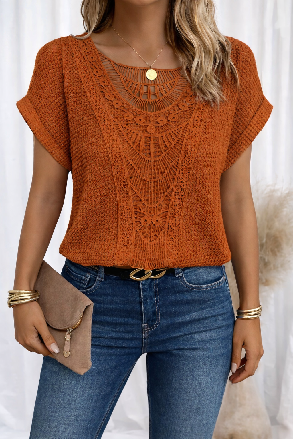 Round Neck Top Lace Trim Relaxed Long Sleeve Knit