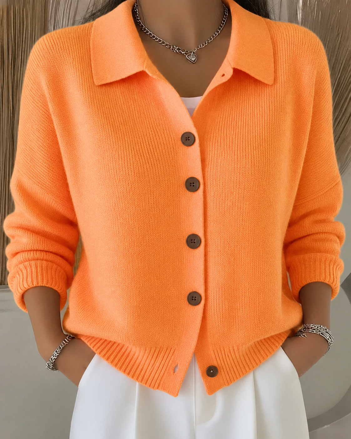 Button Collar Cardigan Knit Long Sleeve Layering Autumn