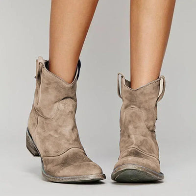 Western Ankle Boots Distressed Suede Block Heel Cowgirl